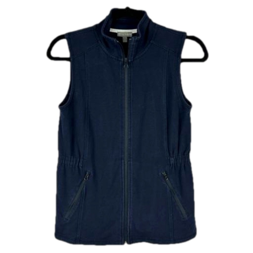 T by Talbots Cotton Terry Knit Navy Blue Vest Zipped Pockets Full-Zip Sm…